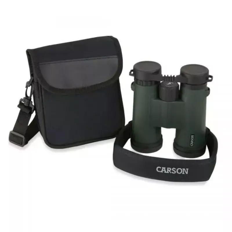 Žiūronai Carson JR Series 10x42 BaK-4, kompaktiški stogo prizmės, juodi/žali