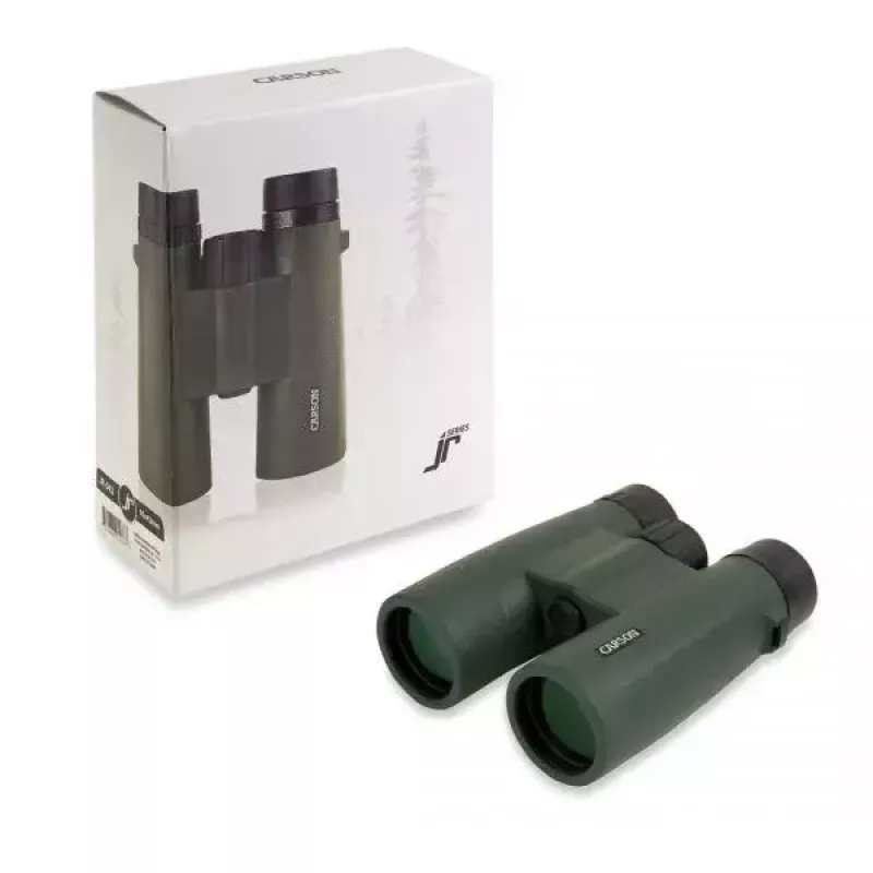 Žiūronai Carson JR Series 10x42 BaK-4, kompaktiški stogo prizmės, juodi/žali