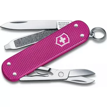 Kišeninis peiliukas Victorinox Classic SD Alox Flamino Party raudonas – kompaktiškas daugiafunkcis įrankis su ašmenimis, žirklėmis, nagų dilde, atsuktuvu ir raktų pakabuku