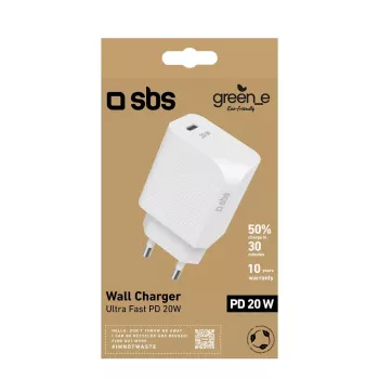 Sieninis įkroviklis SBS GRETR1CPD20W Universal White AC Fast charging 20W USB-C PD