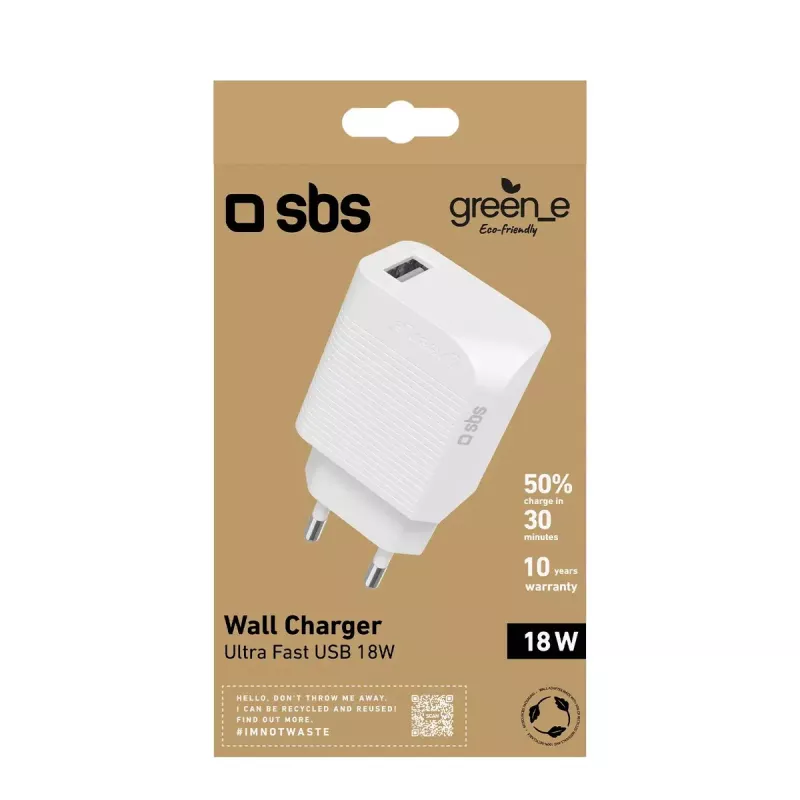 Sieninis įkroviklis SBS GRETR1USB18W Universal White AC greitasis įkrovimas 18W