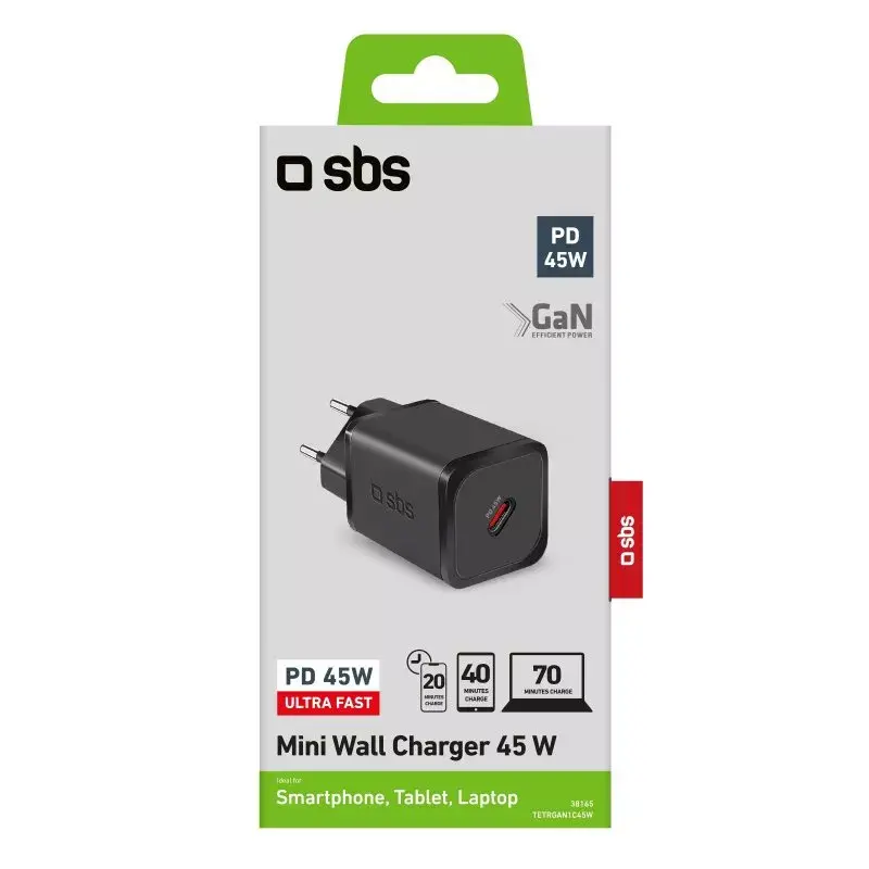 Mobiliojo įrenginio įkroviklis SBS TETRGAN1C45W 45 W Greitas įkrovimas USB-C GaN Juodas