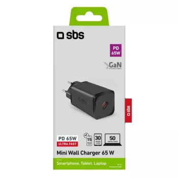 SBS Mobile TETRGAN1C65W vidinis AC greitasis įkroviklis — 100–240 V, 1x USB-C, juodas, skirtas išmaniajam telefonui, planšetei, nešiojamam kompiuteriui, išmaniajam laikrodžiui, ausinėms