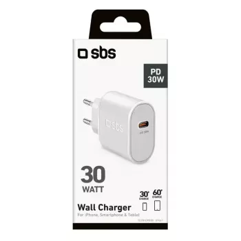 Mobiliojo įrenginio įkroviklis SBS Mobile TETR1CPD30 – USB Type-C 1 prievadas, AC patalpų, 100–240 V įvadas, iki 20 V išėjimas, baltas
