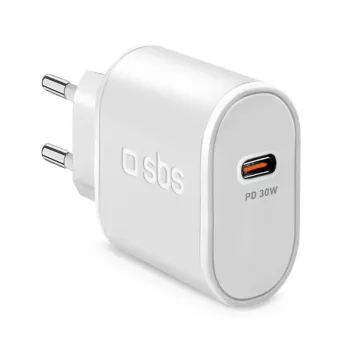 Mobiliojo įrenginio įkroviklis SBS Mobile TETR1CPD30 – USB Type-C 1 prievadas, AC patalpų, 100–240 V įvadas, iki 20 V išėjimas, baltas