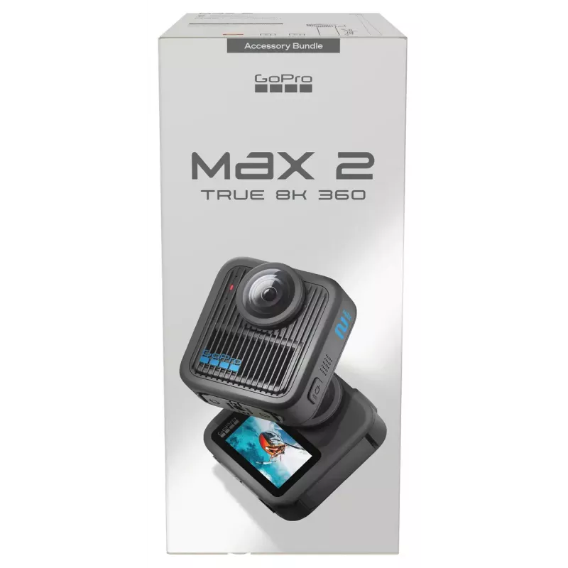 Veiksmo kamera GoPro MAX2 su 8K Ultra HD, 29,5 MP jutikliu, 100 kadrų/s, LCD ekranu, GPS, Wi‑Fi — priedų rinkinys