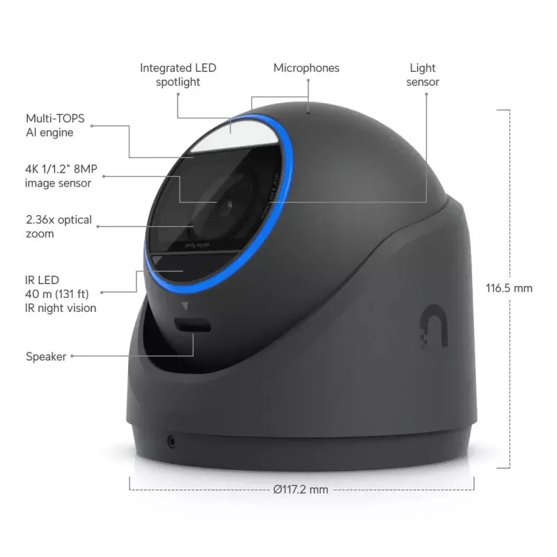 IP apsaugos kameros kupolas UBIQUITI UVC-G6-Pro-Turret-B — 3840×2160, 1/1,2 colio CMOS, 2,36× optinis priartinimas, PoE+, lubos/siena, vidui/lauke