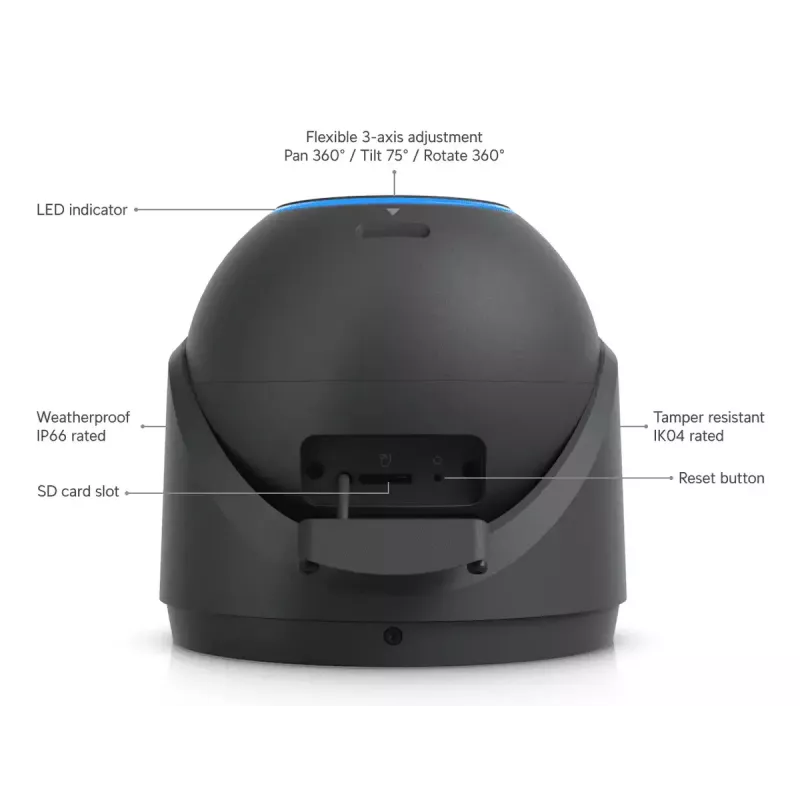 IP apsaugos kameros kupolas UBIQUITI UVC-G6-Pro-Turret-B — 3840×2160, 1/1,2 colio CMOS, 2,36× optinis priartinimas, PoE+, lubos/siena, vidui/lauke