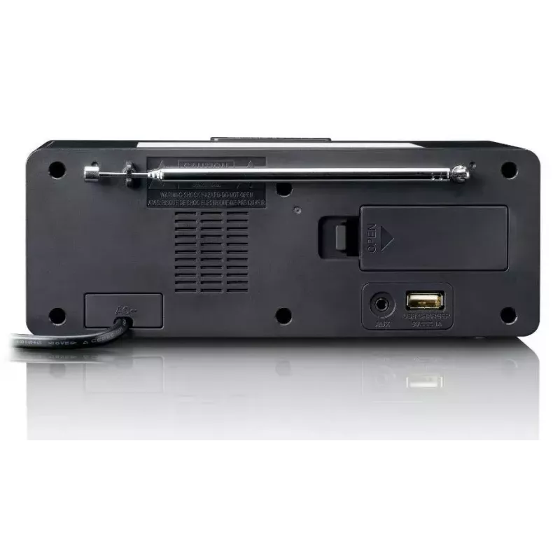 Radijo žadintuvas Lenco CR540BK – FM radijas, 1,2 colio LED ekranas, reguliuojamas naktinis apšvietimas, USB įkrovimas, stereo garsiakalbiai