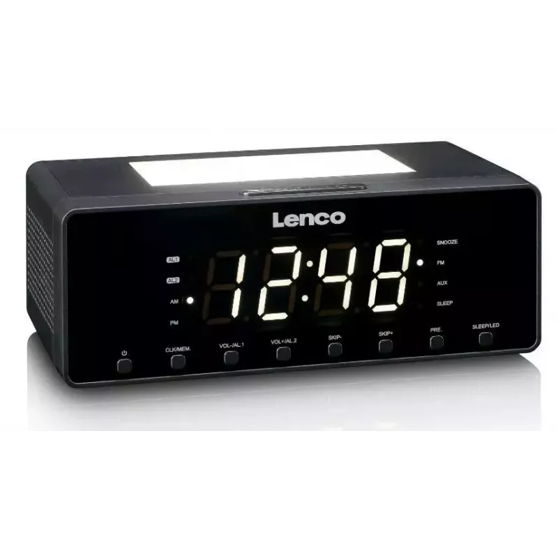 Radijo žadintuvas Lenco CR540BK – FM radijas, 1,2 colio LED ekranas, reguliuojamas naktinis apšvietimas, USB įkrovimas, stereo garsiakalbiai