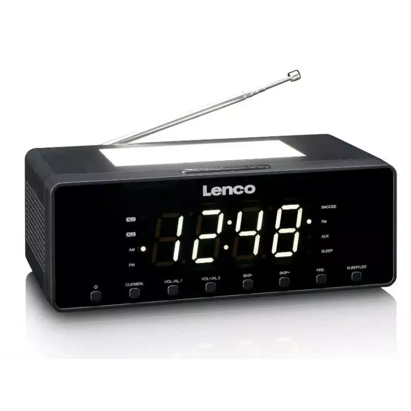 Radijo žadintuvas Lenco CR540BK – FM radijas, 1,2 colio LED ekranas, reguliuojamas naktinis apšvietimas, USB įkrovimas, stereo garsiakalbiai