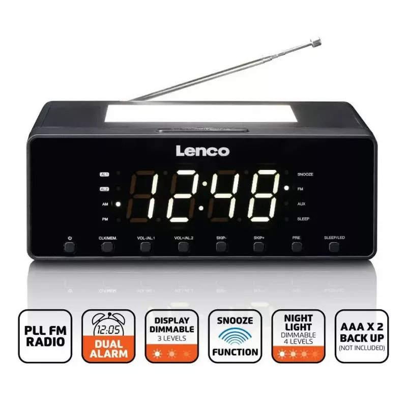 Radijo žadintuvas Lenco CR540BK – FM radijas, 1,2 colio LED ekranas, reguliuojamas naktinis apšvietimas, USB įkrovimas, stereo garsiakalbiai
