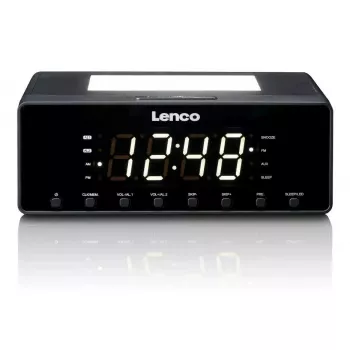Radijo žadintuvas Lenco CR540BK – FM radijas, 1,2 colio LED ekranas, reguliuojamas naktinis apšvietimas, USB įkrovimas, stereo garsiakalbiai