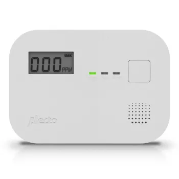 Anglies monoksido detektorius Alecto COA3910 – elektrocheminis CO jutiklis, maitinamas baterijomis, baltas, 110×78×37 mm