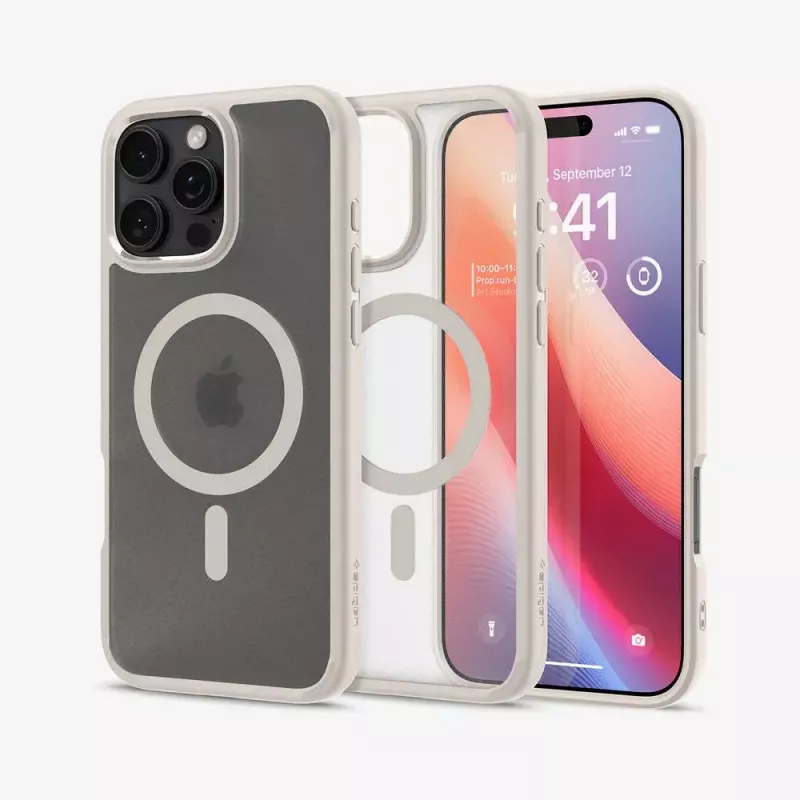 Spigen Ultra Hybrid (MagFit) apsauginis dėklas iPhone 16 Pro Max, smėlio spalvos permatomas