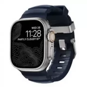 NOMAD Rocky Point Band – dirželis Apple Watch 46mm/49mm su FKM ir titanu (atlanto mėlyna, natūrali aparatūra)