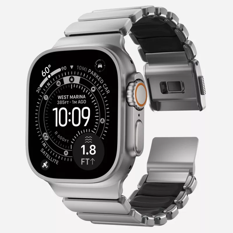 NOMAD Stratos Band – titano apyrankė, skirta Apple Watch 49 mm, su FKM įdėklu (natūralus titanas, juodas FKM)