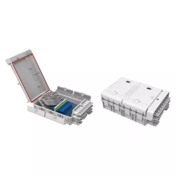 Išorinė FTTH skirstomoji dėžė IP65, 48 skaiduloms, 24 adapteriams, su suvirinimo kasečių laikikliais FTTH-BOX-OUT-5