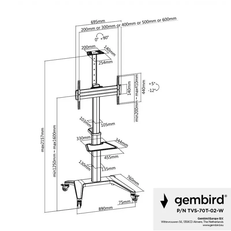 Gembird TVS-70T-02-W Grindinis stovas televizoriui 37-70 colių baltas