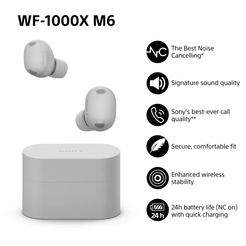 Sony WF-1000XM6 belaidės ausinės į ausis, sidabrinės