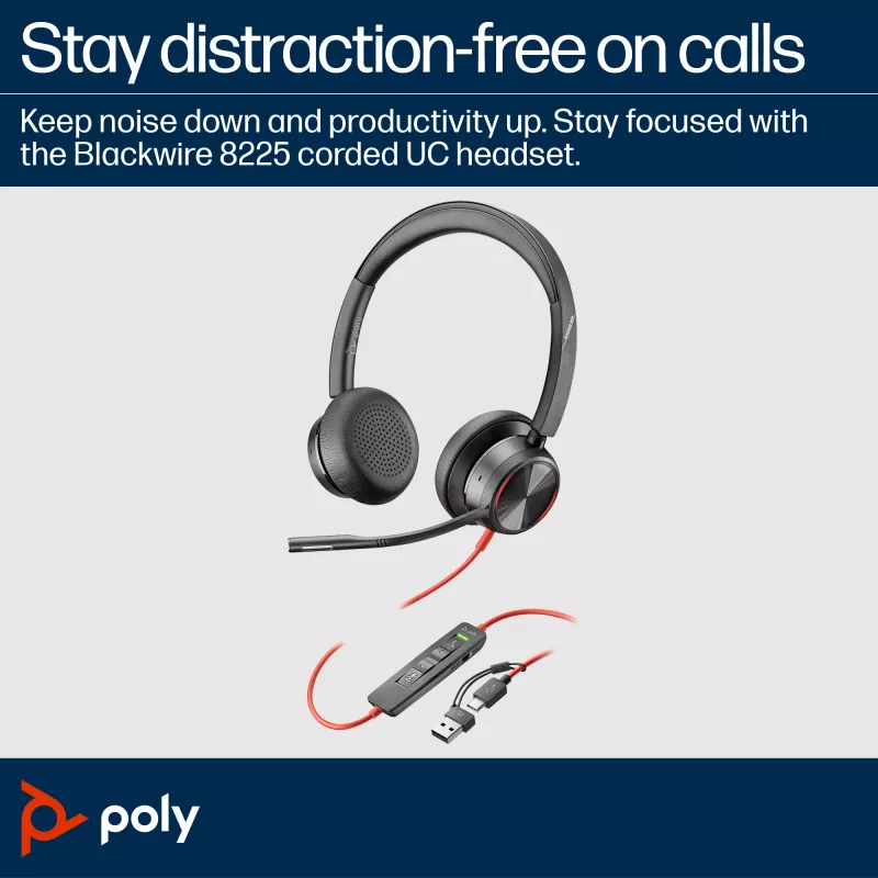 HP Poly Blackwire 8225 Stereo ausinės su USB-C ir USB-C/A adapteriu