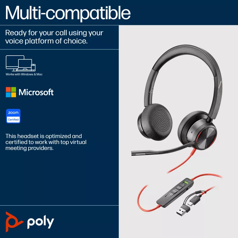 HP Poly Blackwire 8225 Stereo ausinės su USB-C ir USB-C/A adapteriu