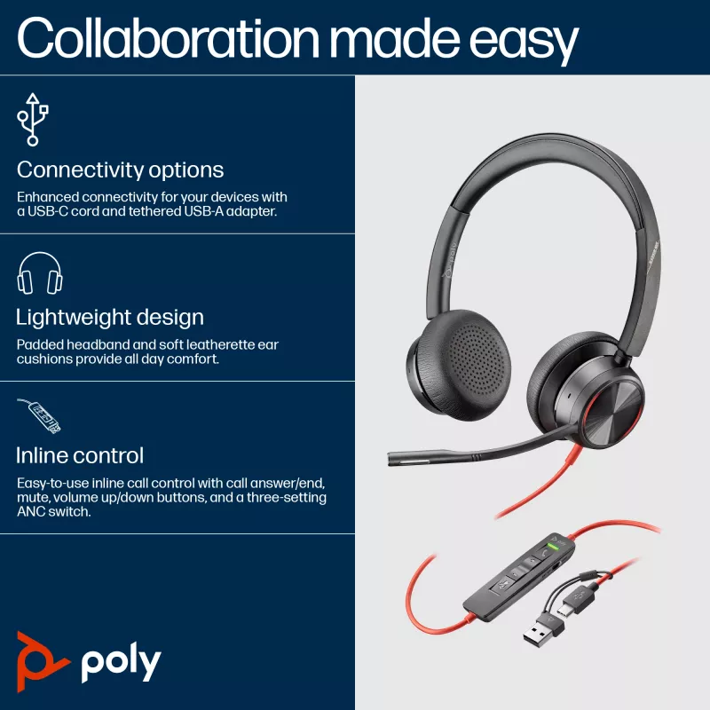 HP Poly Blackwire 8225 Stereo ausinės su USB-C ir USB-C/A adapteriu