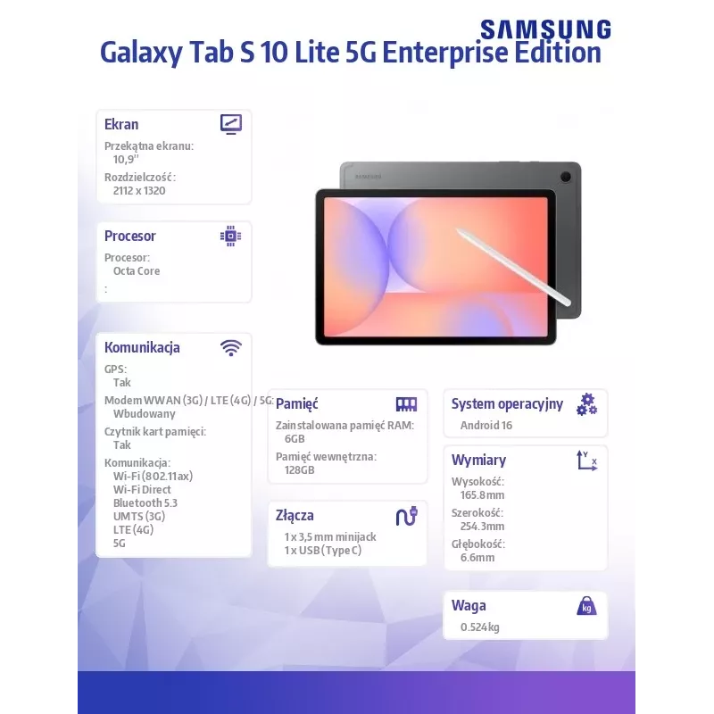 Planšetinis kompiuteris Samsung Galaxy Tab S10 Lite X400EE 10,9 colių 5G 6/128GB Enterprise Edition pilka