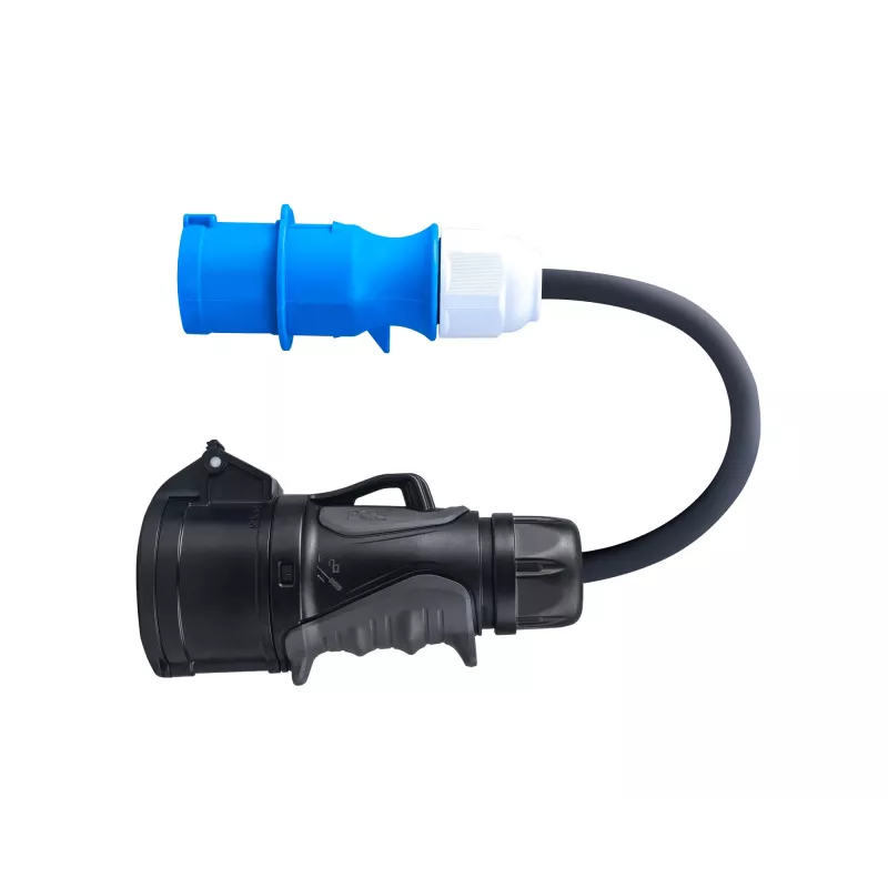 Adapteris iš raudono 16A 400V CEE kištuko 5 polių lizdo į mėlyną 16A 230V CEE 3P