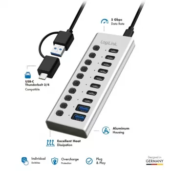USB 3.2 Gen1 10 prievadų USB-A/C šakotuvas su atskirais jungikliais
