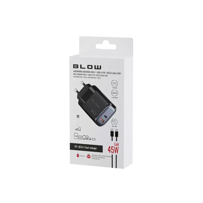 Sieninis įkroviklis USB-A USB-C PD 45W + laidas