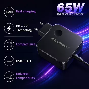 Qoltec 65W GaN USB-C PD PPS įkroviklis 5V-21V 3A/3.25A