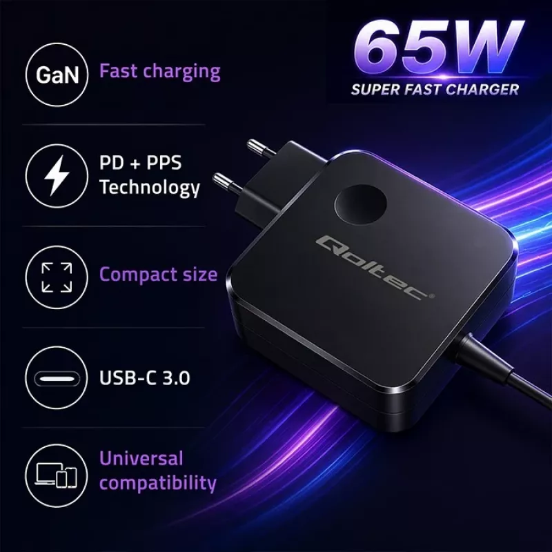 Qoltec 65W GaN USB-C PD PPS įkroviklis 5V-21V 3A/3.25A