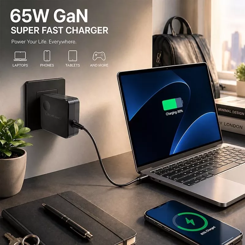 Qoltec 65W GaN USB-C PD PPS įkroviklis 5V-21V 3A/3.25A