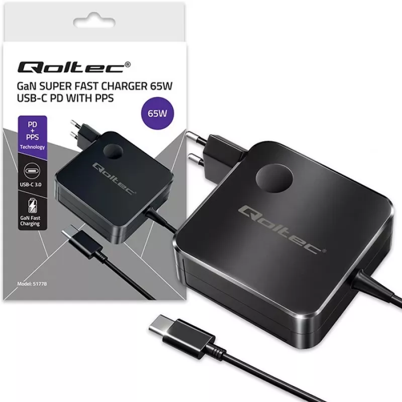 Qoltec 65W GaN USB-C PD PPS įkroviklis 5V-21V 3A/3.25A