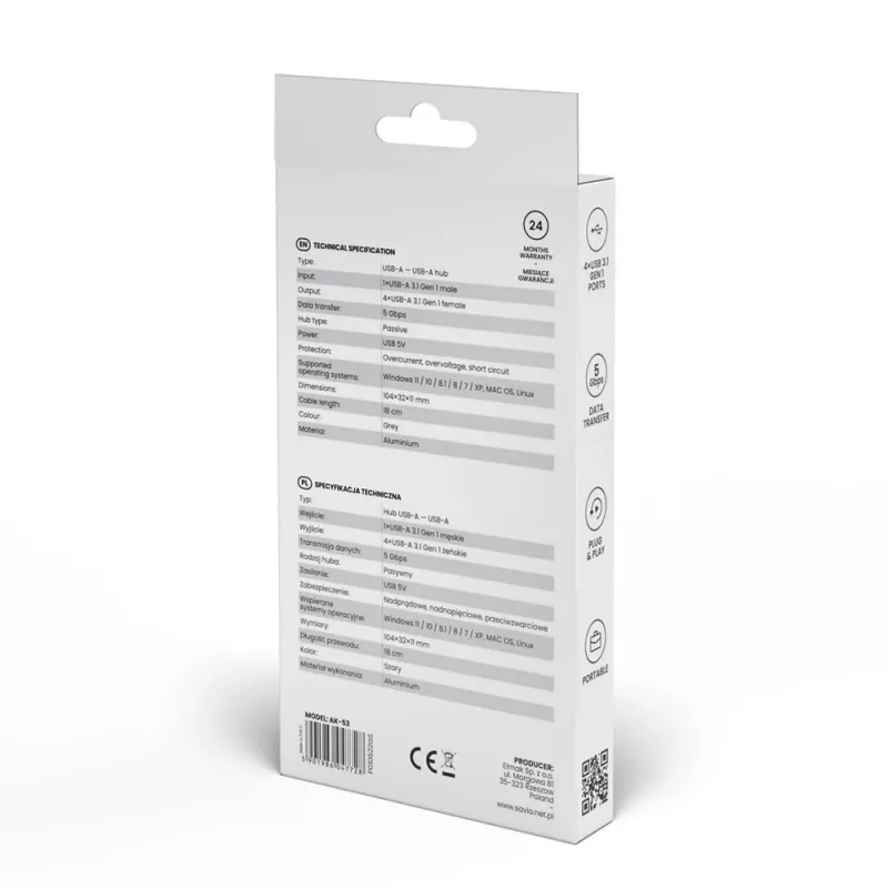 SAVIO AK-053 USB 3.1 Gen.1 4 prievadų USB šakotuvas