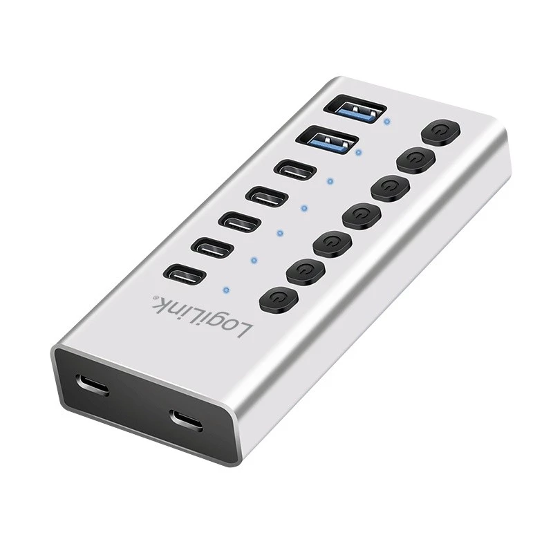 USB 3.2 Gen1 7 portų USB-A/C centras su atskirais jungikliais