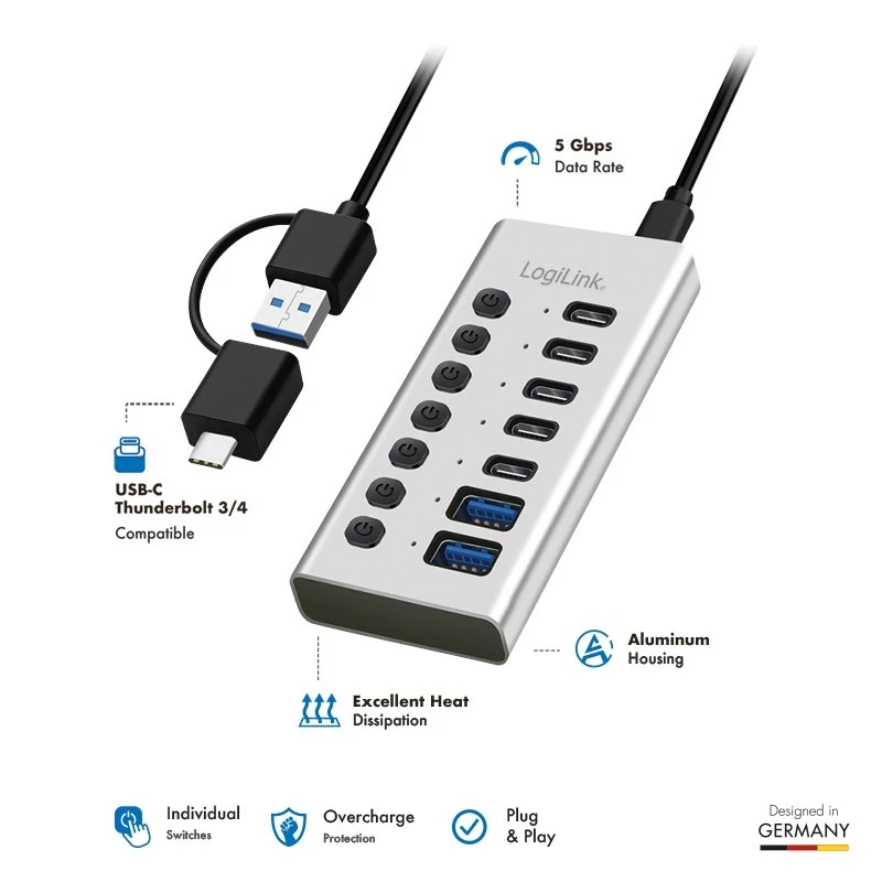 USB 3.2 Gen1 7 portų USB-A/C centras su atskirais jungikliais