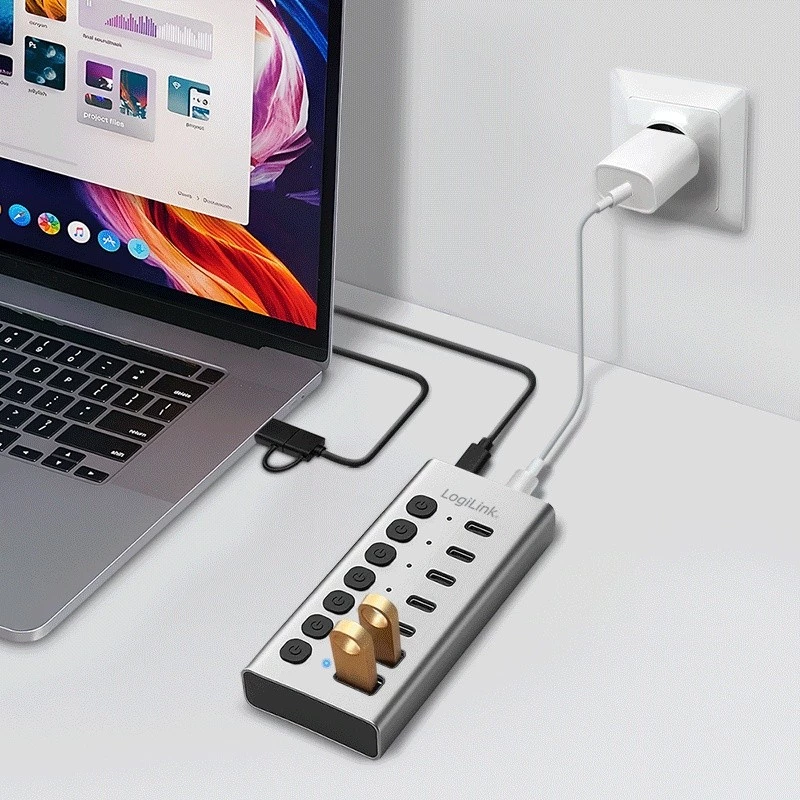 USB 3.2 Gen1 7 portų USB-A/C centras su atskirais jungikliais