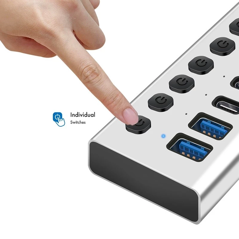 USB 3.2 Gen1 7 portų USB-A/C centras su atskirais jungikliais