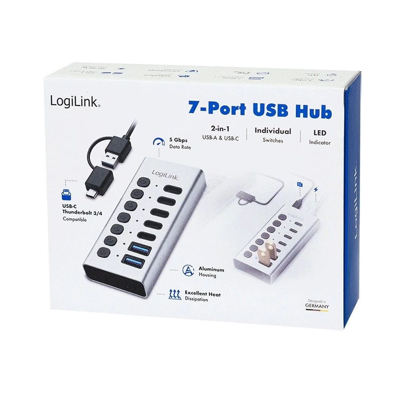 USB 3.2 Gen1 7 portų USB-A/C centras su atskirais jungikliais