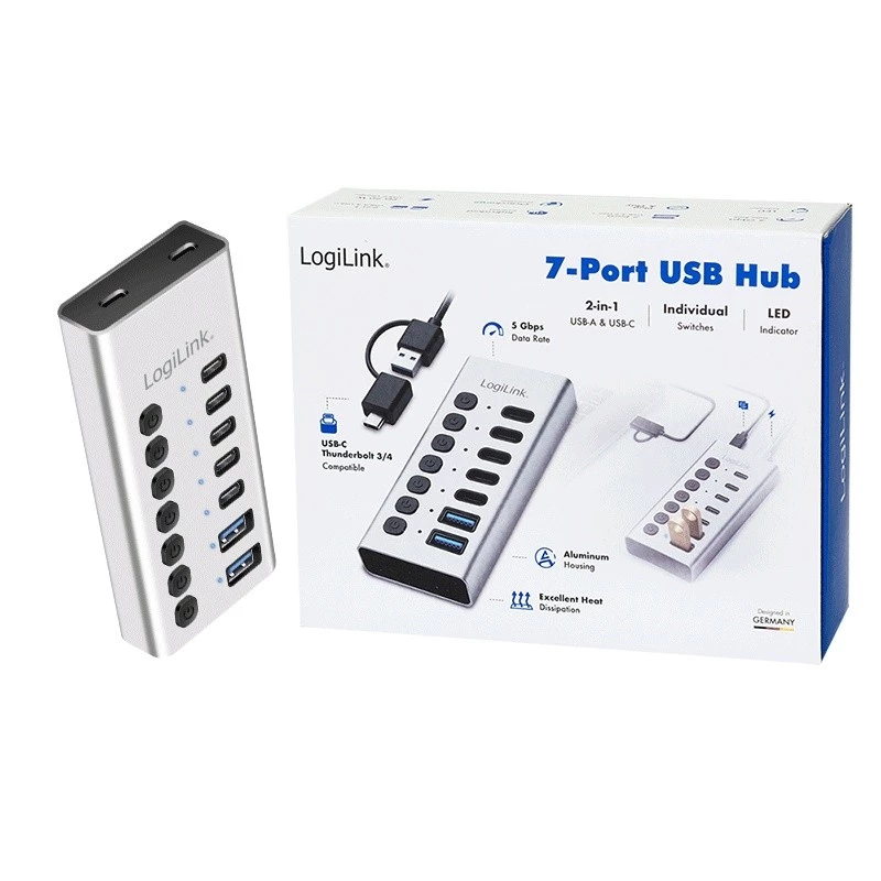 USB 3.2 Gen1 7 portų USB-A/C centras su atskirais jungikliais