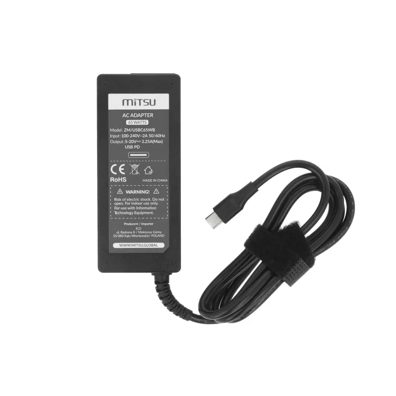 Mitsu 65W USB-C įkroviklis nešiojamam kompiuteriui 5V-9V-12V-15V-20V/3A, 20V/3.25A PD