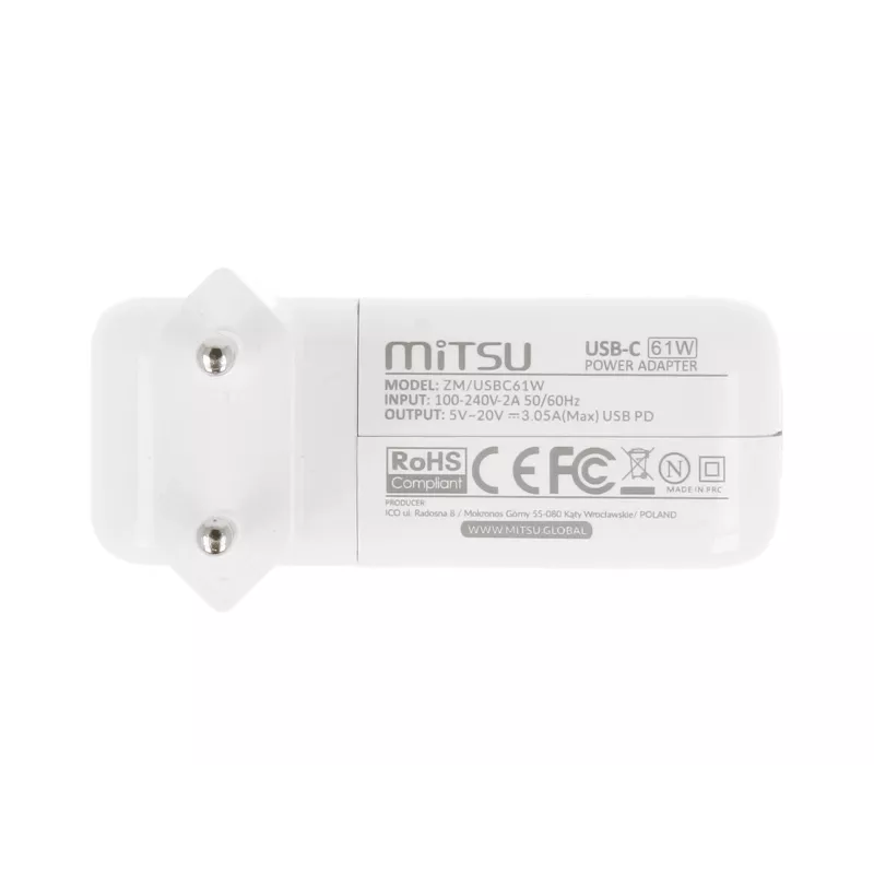 Mitsu 61W USB-C nešiojamojo kompiuterio maitinimo adapteris 5V-9V-12V-15V-20V-20.3V/3A PD