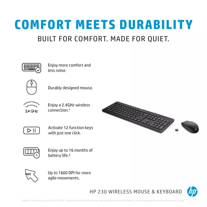 HP 230 belaidis pelės ir klaviatūros rinkinys, pilno dydžio, RF belaidis, membraninė, juoda, pelė įtraukta