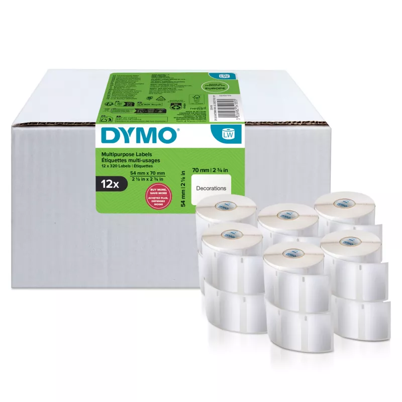 DYMO Autentiškos LabelWriter įvairios paskirties etiketės | 54 mm x 70 mm | Lipnios | 12 rulonų po 320 lengvai atplėšiamų etikečių (3 840 vnt.) | LabelWriter etikečių spausdintuvams | Pagaminta Europoje
