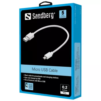 Sandberg MicroUSB sinchronizavimo ir įkrovimo laidas 0,2 m, USB A, Micro-USB B, USB 2.0, baltas