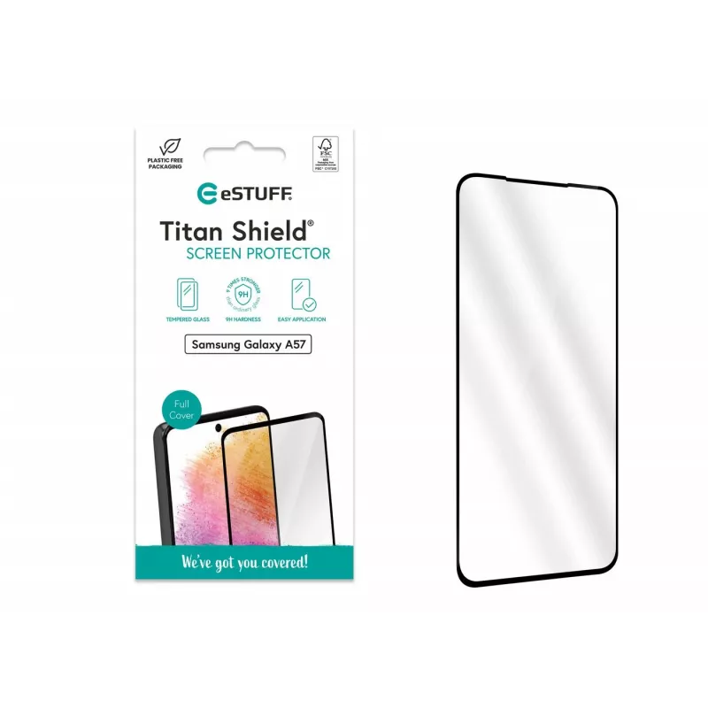 eSTUFF Samsung Galaxy A57 apsauginis ekrano stiklas, viso dangos, Titan Shield, 1 vnt.