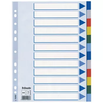 Esselte skirtukai PP A4 12 lapų, tuščias skirtukas, PVC, įvairiaspalviai, A4, 2, 4, 6, 225 mm