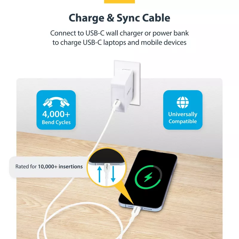 StarTech.com 1 m (3,3 pėdų) baltas USB-C įkrovimo laidas 2 vnt. pakuotė, USB C laidas, USB 2.0 Type-C nešiojamojo kompiuterio įkroviklio laidas, 60W 3A Power Delivery, TPE apvalkalas, USB-C duomenų perdavimo laidas, M/M